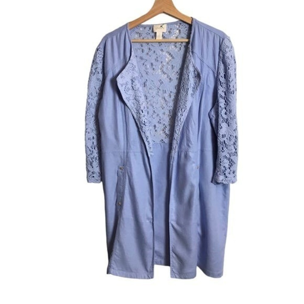 Chico's XL Size 16 Linen Crochet Blue Open Front Blazer‎ Jacket Duster Pockets